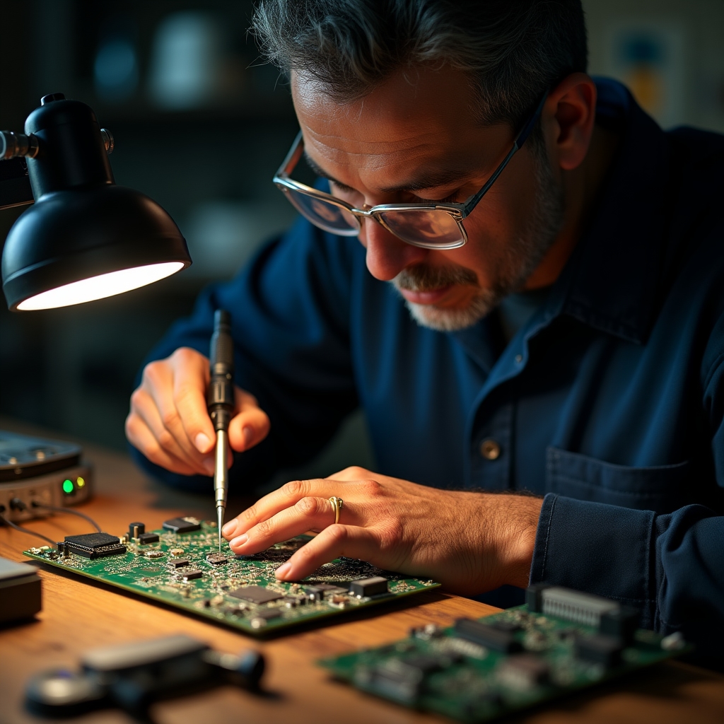 Техник паяет плату электросамоката